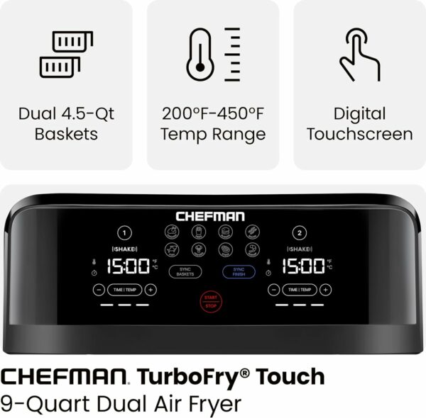 Chefman TurboFry Touch Dual Air Fryer, Maximize The Healthiest Meals With Double Basket Capacity, One-Touch Digital Controls And Shake Reminder For The Perfect Crispy And Low-Calorie Finish - For Sale - Price - Image 3