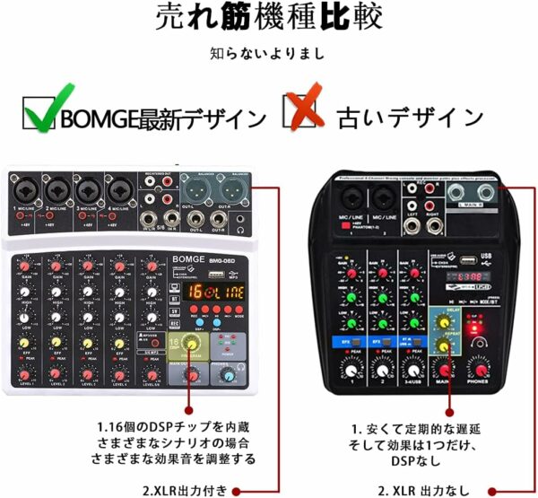 BOMGE 6 Channel Audio Sound Mixer - Professional Digital DJ Mixing Console for Live Streaming, Karaoke and Stereo Recording - With PC Computer Record Playback/Bluetooth/MP3/USB/48V /16 DSP Echo - For Sale - Price - Image 5