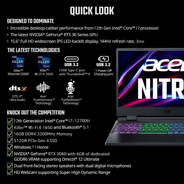 Acer Nitro 5 AN515-58-725A Gaming Laptop | Intel Core i7-12700H | NVIDIA GeForce RTX 3060 GPU | 15.6" FHD 144Hz 3ms IPS Display | 16GB DDR4 | 512GB Gen 4 SSD | Killer Wi-Fi 6 | RGB Keyboard - For Sale - Price - Image 6