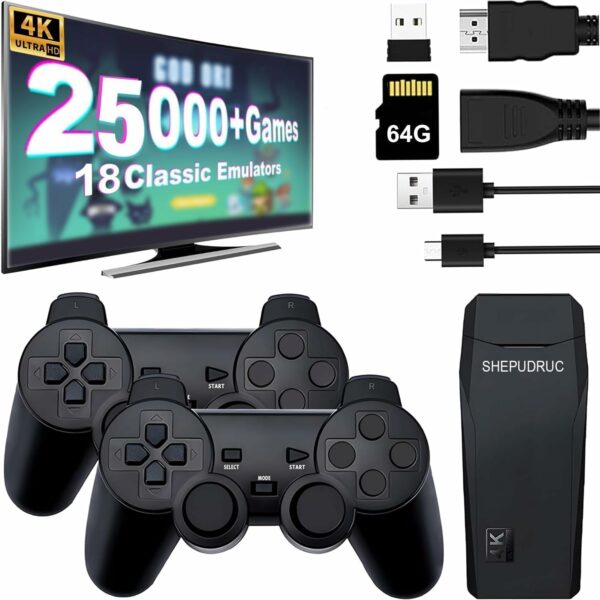 Wireless Retro Handheld Game Console, Game Console Stick Built-in 20000+ Plug-and-Play Video Games, Equipped with 18 Simulators, 4K HDMI Output and Dual 2.4G Controller（64GB Memory Card） - For Sale - Price