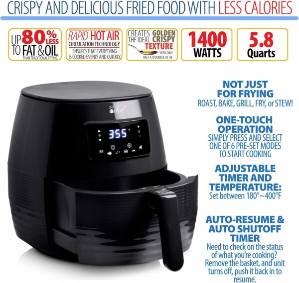 Deco Chef 5.8QT (19.3 Cup) Digital Electric Air Fryer with Accessories and Cookbook- Air Frying, Roasting, Baking, Crisping, and Reheating for Healthier and Faster Cooking (Black) - For Sale - Price - Image 3