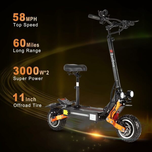 ZO01 PLus Electric Scooter, 6000W Dual Motors Up to 58 MPH, 60 Miles Range 60V35AH Battery, 11" Off Road Fat Tires, Oil Hydraulic Brakes Dual Suspensions Electric Scooter for Adults with Seat - For Sale - Price - Image 2