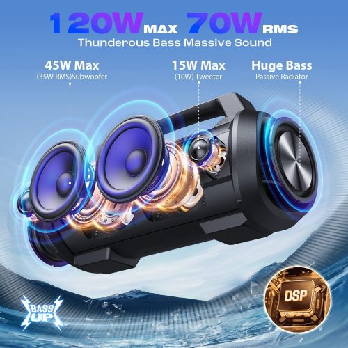 W-KING Portable Speakers Bluetooth Wireless, 120W Peak 70W Loud Bluetooth Speaker Waterproof Outdoor, Deep Bass/2* Subwoofer/DSP/EQ/42H Playtime/IPX6/RGB Lights/MAC-in/Power Bank, Large Party Boombox - For Sale - Price - Image 2