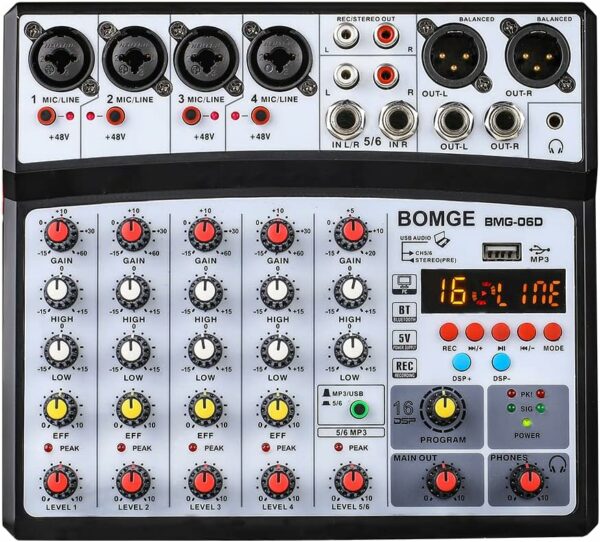 BOMGE 6 Channel Audio Sound Mixer - Professional Digital DJ Mixing Console for Live Streaming, Karaoke and Stereo Recording - With PC Computer Record Playback/Bluetooth/MP3/USB/48V /16 DSP Echo - For Sale - Price