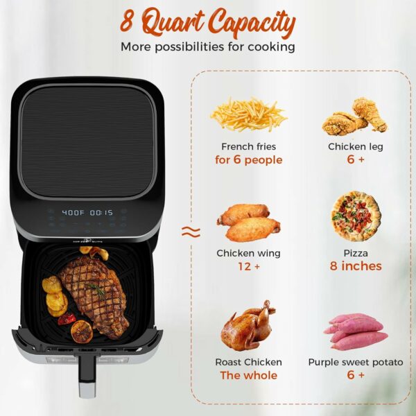 Air Fryer 8 Qt Large Size With Clear Window, 8 Presets, 3 Special Features Turn Reminder, Preheat, Light, True One-touch Panel, 360° Turbo Airflow Tech, Nonstick Basket,Stainless Steel - For Sale - Price - Image 5