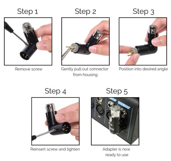 LyxPro XLR Angle Adapter Dual Male and Female can be positioned to 4 Different Angles Right Left and 90 Degree Great for Mixers That Interfere with Other Applications - 5 Pack - For Sale - Price - Image 4