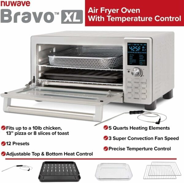 Nuwave Bravo Air Fryer Toaster Smart Oven, 12-in-1 Countertop Convection, 30-QT XL Capacity, 50°-500°F Temperature Controls, Top and Bottom Heater Adjustments 0%-100%, Brushed Stainless Steel Look - For Sale - Price - Image 6