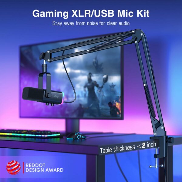 FIFINE XLR/USB Gaming Microphone Set, Dynamic PC Mic for Streaming Podcasting, Computer RGB Mic Kit with Boom Arm Stand, Mute Button, Headphones Jack, for Recording Vocal Voice-Over-AmpliGame AM8T - For Sale - Price - Image 3