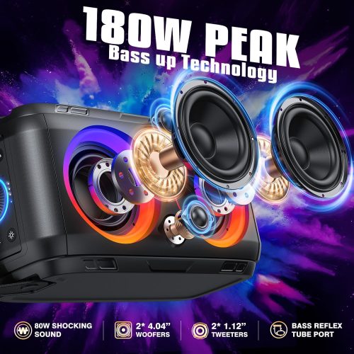 W-KING 180W Peak Party Loud Bluetooth Speaker Portable Wireless Outdoor Boom Box/4 Drivers with 2*Subwoofer/HD Huge 105dB Pulse Natural Deep Bass Tube, 80W IPX5 Big Large Speaker/24H/EQ/U-Disk/TF/AUX - For Sale - Price - Image 2