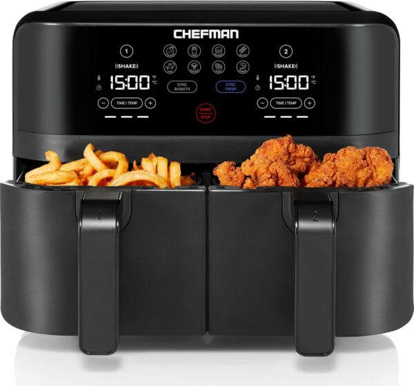 Chefman TurboFry Touch Dual Air Fryer, Maximize The Healthiest Meals With Double Basket Capacity, One-Touch Digital Controls And Shake Reminder For The Perfect Crispy And Low-Calorie Finish - For Sale - Price